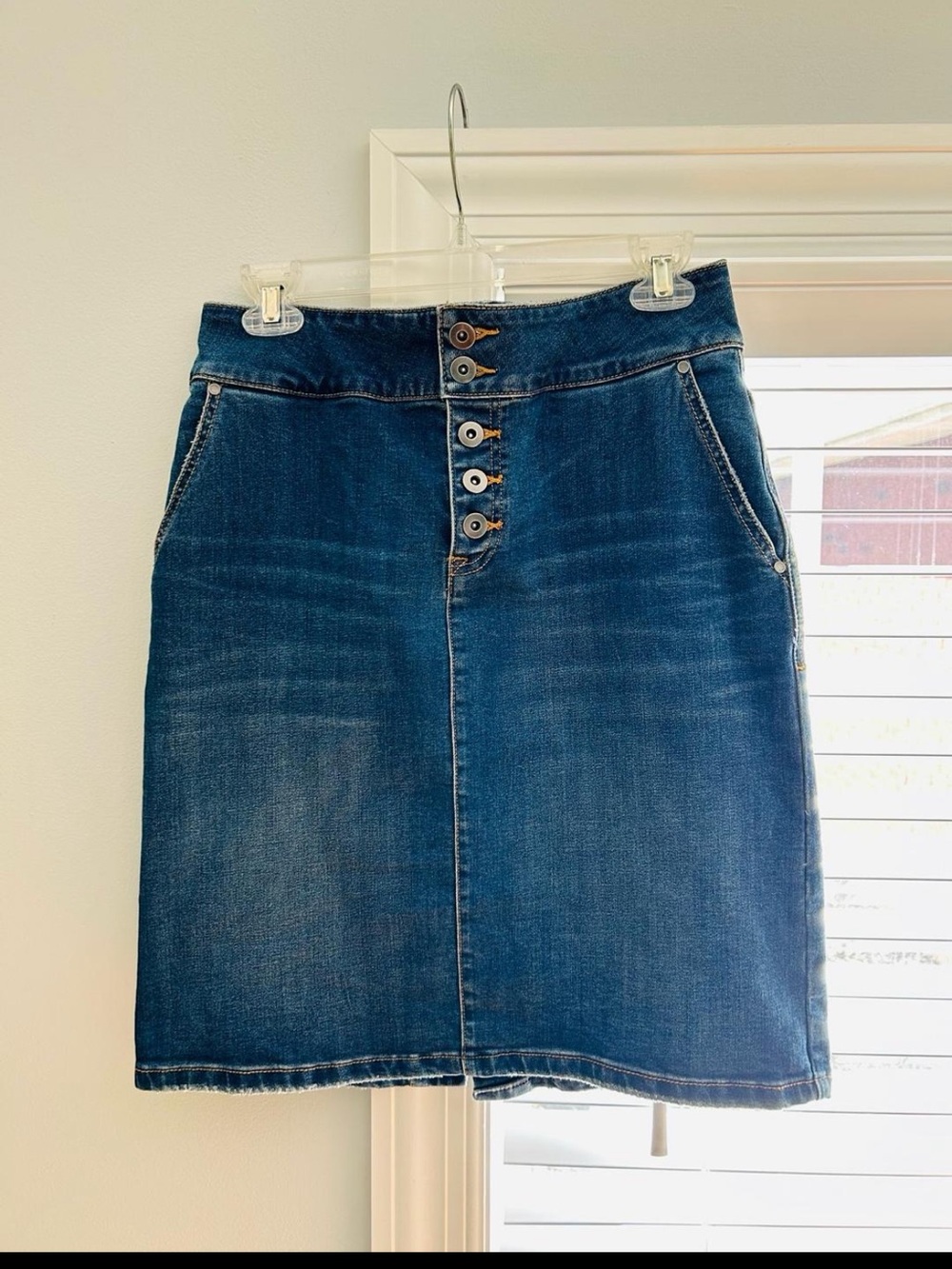 prAna High Rise Button Fly Denim Skirt Size 6 Blue Jean Skirt